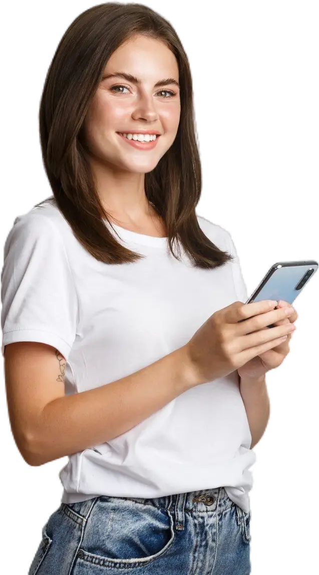 attractive young brunette woman using mobile phone smiling camera removebg preview 1